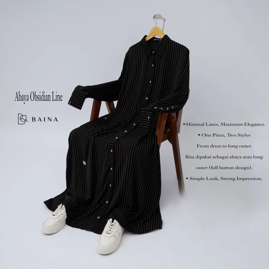 Baina Abaya Obsidian Line | Full Button Design Bisa dijadikan Long Outer | Abaya Hitam Premium Black Line Nyaman